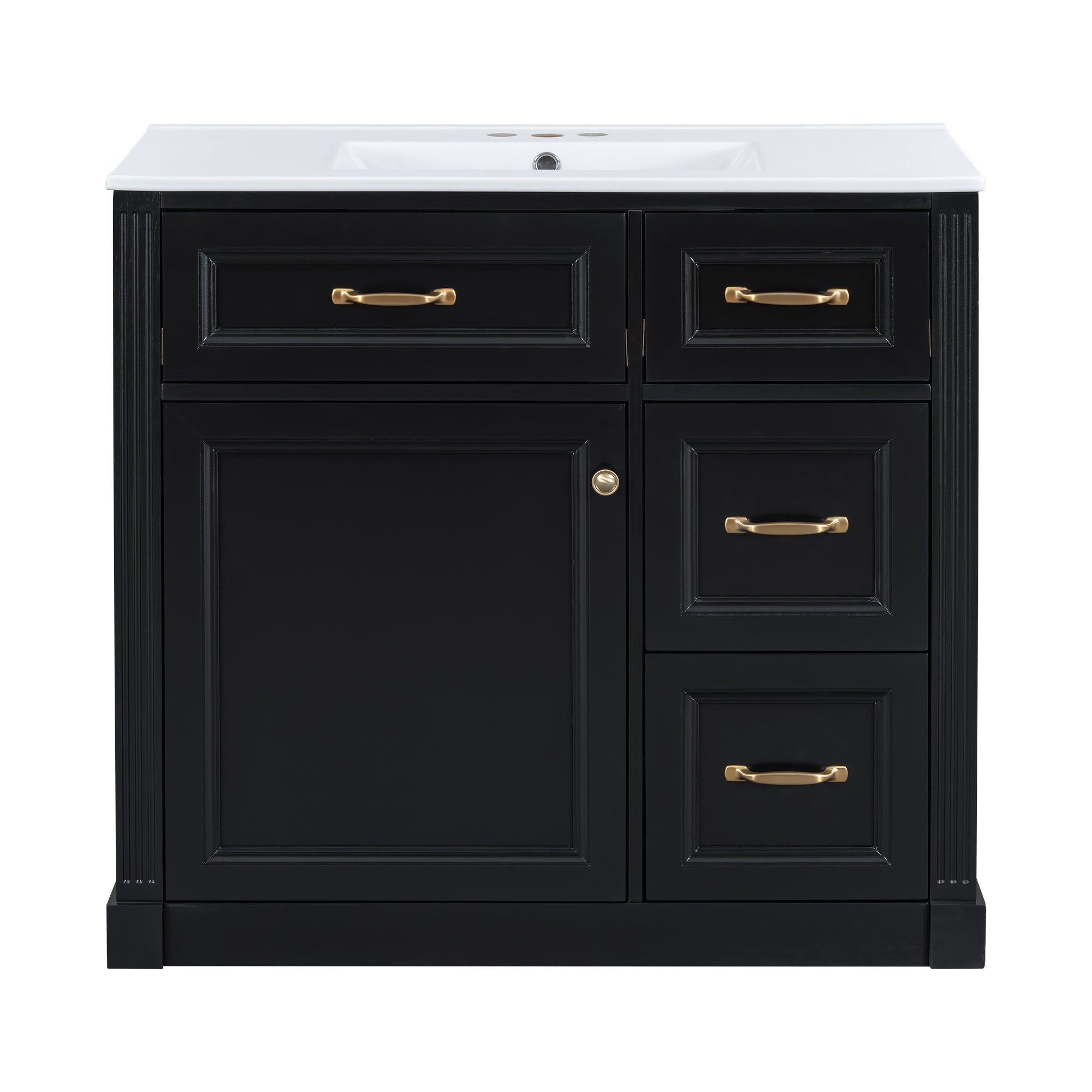 VanityFus 36-in Black Bathroom Vanity Single Sink Combo Ceramic Top 1 Soft Close Door 4 drawers Undermount Adjustable Shelves